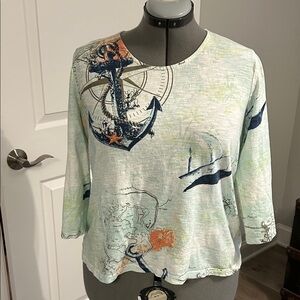 Chico's Blue and Orange Anchor Print 3/4 Sleeve Top